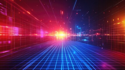 Poster - A futuristic abstract background with neon lights, grids, and digital effects, evoking a cyberpunk aesthetic.