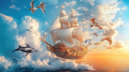 A magical ship floating through the sky with animals like dolphins, owls, and tigers, cruising above a beautiful cloud-filled horizon