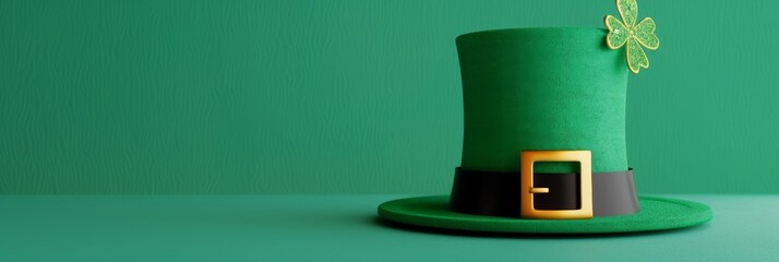 Green leprechaun hat with a shamrock on a green background.