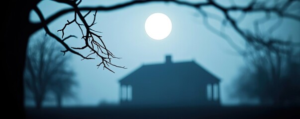 Poster - A haunting silhouette of a house against a full moon, surrounded by dark trees, evoking mystery and tranquility in the night.