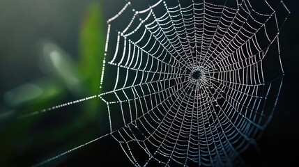 Poster - Close-up of a delicate spider web glistening with droplets of water, showcasing intricate patterns against a blurred background.