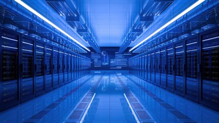 Poster - Futuristic data center showcasing rows of servers with blue lighting and sleek architecture.