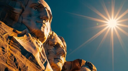 Close-up of Mount Rushmore National Memorial with a bright sun in the sky.