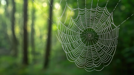 Aufkleber - A delicate spider web glistens in the sunlight, showcasing intricate patterns against a serene forest backdrop.