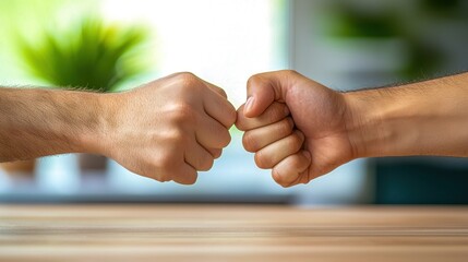 Two hands engaging in a fist bump over a wooden table, symbolizing friendship and camaraderie.