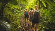 © IMAGINIAC - Three Hikers Walking Through Lush Green Jungle Foliage