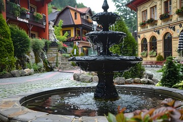 Wall Mural - Tranquil Fountain in a Charming Courtyard Surrounded by Lush Greenery