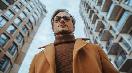 Poster - A man in a brown coat stands in front of a building