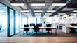 © Viewvie - Blurred image of modern office interior with bokeh lights.