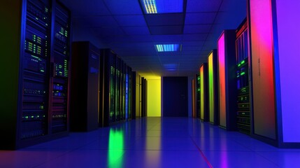 Poster - 3D abstract perspective of a networking room with digital towers, showcasing the interconnectedness of web services and telecommunication systems