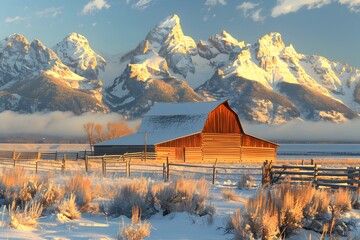 Wall Mural - Serene Winter Landscape with a Rustic Barn and Majestic Mountains