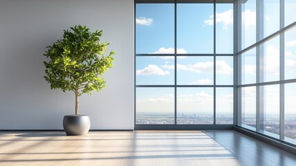 Wall Mural - 3D empty office room with clean walls, large window, and a single plant pot Ideal for office mockup or design template