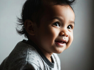 A joyful baby smiles brightly in a simple, plain background.