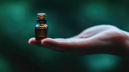 Closeup of a person s hand holding a clear glass bottle with dropper preparing to dispense drops of essential oil for natural wellness health and self care  Blurred green background