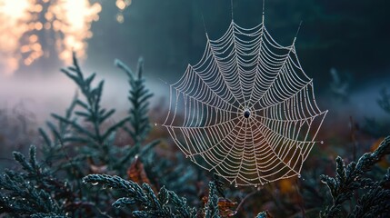 Aufkleber - A delicate spider web glistens in the morning light, surrounded by misty forest ambiance and lush vegetation.