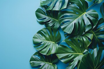 Canvas Print - Lush Green Monstera Leaves on a Vibrant Blue Background