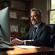 © Tatiana - Successful mature businessman at work with laptop inside office, man in business suit sitting at desk typing on computer, satisfied with achievement result and work