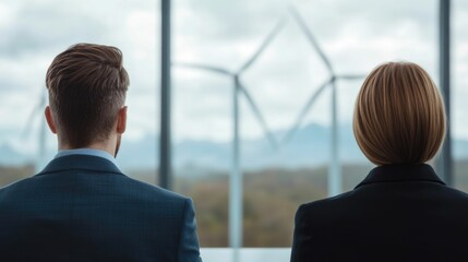 Two professional business leaders discussing and reviewing their company s carbon offset strategies and climate change mitigation plans during an ESG meeting