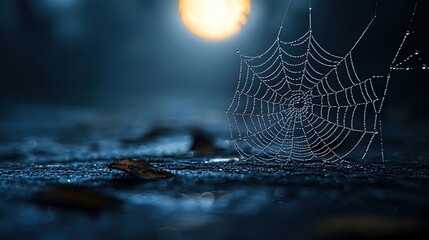 Poster - A mesmerizing spider web glistens under a moonlit night, surrounded by fallen leaves and a soft, mysterious atmosphere.