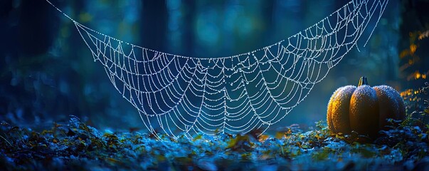Aufkleber - A serene autumn scene featuring a dewy spider web and a pumpkin, bathed in enchanting blue light in a forest.