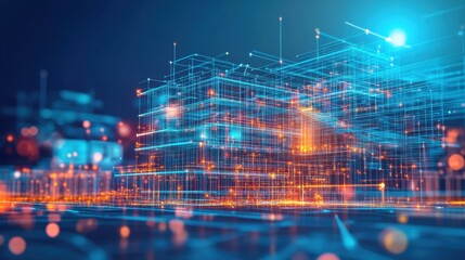 Poster - Building information modeling (BIM) visualized with 3D structures and blueprint layers, concept for modern construction tech