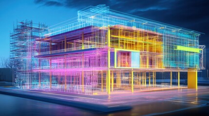 Poster - Building information modeling (BIM) visualized with 3D structures and blueprint layers, concept for modern construction tech