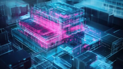 Poster - Building information modeling (BIM) visualized with 3D structures and blueprint layers, concept for modern construction tech