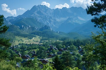 Wall Mural - Serene Mountain Village Surrounded by Majestic Peaks and Lush Greenery