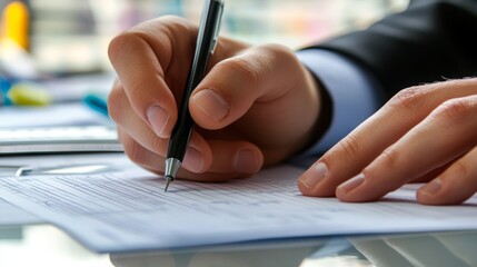Poster - A person's hand writes with a pen on a sheet of paper, likely engaged in work or documentation in a professional setting.