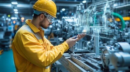 Aufkleber - A technician in a yellow hard hat works with machinery, displaying augmented reality data in a modern manufacturing setup.