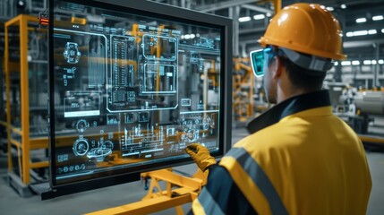 Aufkleber - A worker in safety gear interacts with a high-tech digital display in a modern industrial environment.