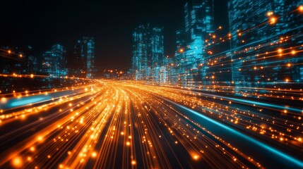 Aufkleber - A vibrant cityscape with glowing lights depicts the energy and rhythm of urban life, characterized by dynamic motion and futuristic aesthetics.