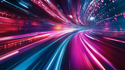Aufkleber - A vibrant, abstract visualization of light trails in shades of blue and pink, suggesting speed and motion through a dynamic digital environment.