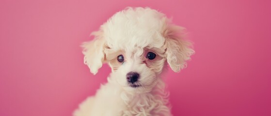 A fluffy white puppy against a vibrant pink backdrop, radiating innocence and playful charm with a curious expression.