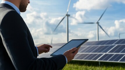 A businessman analyzes renewable energy data with wind turbines and solar panels in the background, highlighting a commitment to sustainability.