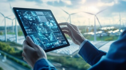 Aufkleber - A person holding a tablet displaying digital data, set against a backdrop of wind turbines and a cloudy sky, symbolizing technology and renewable energy.