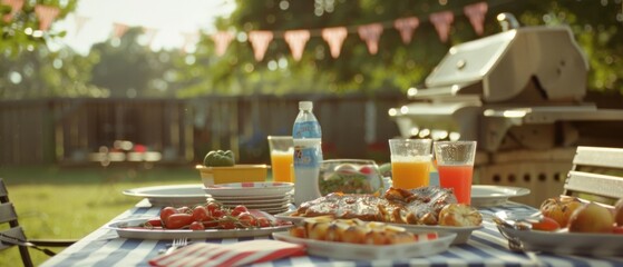 A sun-drenched backyard table brimming with fresh foods and drinks sets a perfect scene for a leisurely outdoor meal, surrounded by greenery and decor.