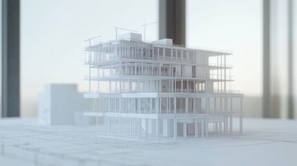 Poster - Digital construction model, blueprints displayed next to 3D structures, BIM technology in action, on white backdrop