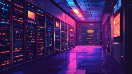 Poster - Digital network room with infrastructure towers, interconnected systems, and a robust web service design Futuristic tech vibes