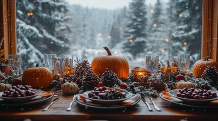 Poster - A table with a variety of fall and winter foods, including pumpkins, cranberries