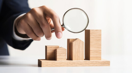 A hand holding a magnifying glass over wooden bar graphs, symbolizing analysis and growth in business metrics.