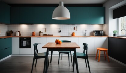 A modern kitchen design with a teal and white color palette creates a fresh and vibrant atmosphere. The wooden dining table and teal chairs add a touch of warmth to the space