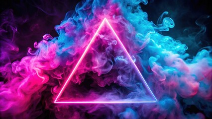 Neon pink triangle shape in a cloud of colorful smoke, abstract light art, neon, pink, triangle, shape, cloud, colorful