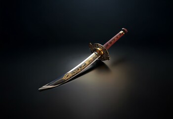 A katana sword with intricate gold designs lies on a dark surface.