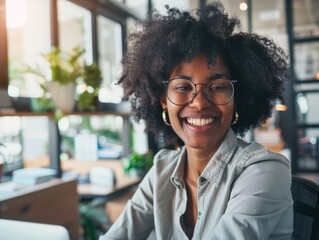 A cheerful woman with curly hair sits at a desk in a sunny, stylish workspace, radiating positivity and warmth while smiling