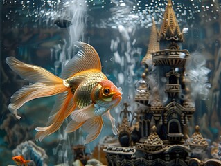 Sticker - Ornamental Goldfish Swimming in Lavishly Decorated Aquarium with Ornate Castle Structures