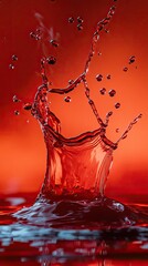 Wall Mural - Dynamic splash of liquid against a vibrant red background, capturing the beauty and energy of water in motion.