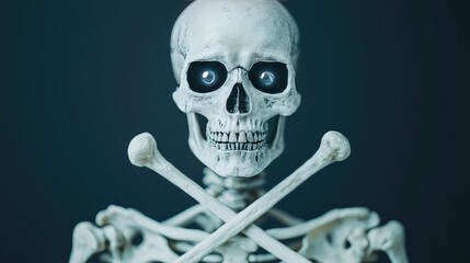 Poster - A detailed skeletal figure with crossed bones, representing themes of mortality and anatomy, ideal for educational and artistic use.