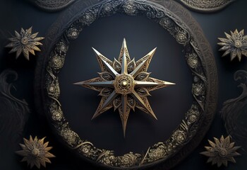 Poster - A gold ornate eight-pointed star sits within a circular frame of intricate golden floral designs on a dark background.