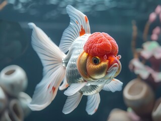 Poster - Elegant Oranda Goldfish Swimming in Ornamental Aquarium with Sculptures